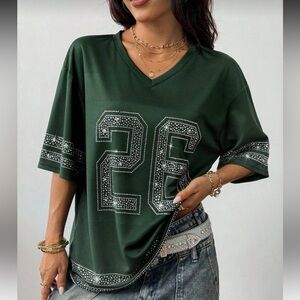 Green V-Neck Women's Top with Rhinestone Detailing